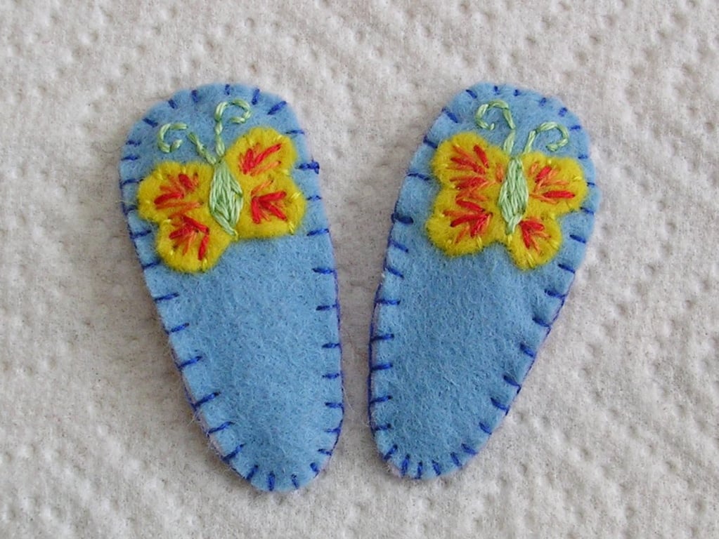 Pair of Blue Felt Embroidered Butterfly Hair Clips