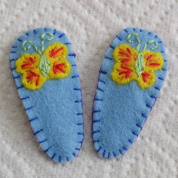 Pair of Blue Felt Embroidered Butterfly Hair Clips
