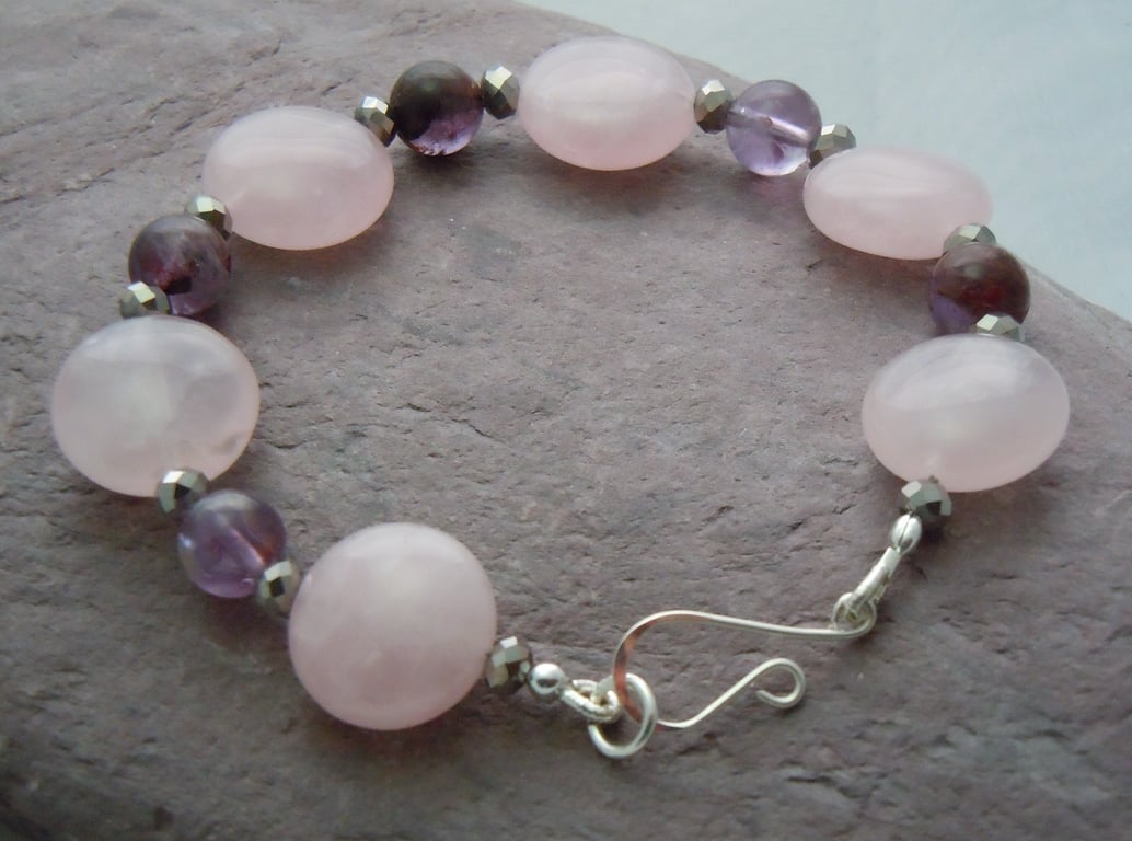 Sterling silver, Rose Quartz & Rutilated Quartz bracelet