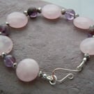 Sterling silver, Rose Quartz & purple rutilated Quartz bracelet