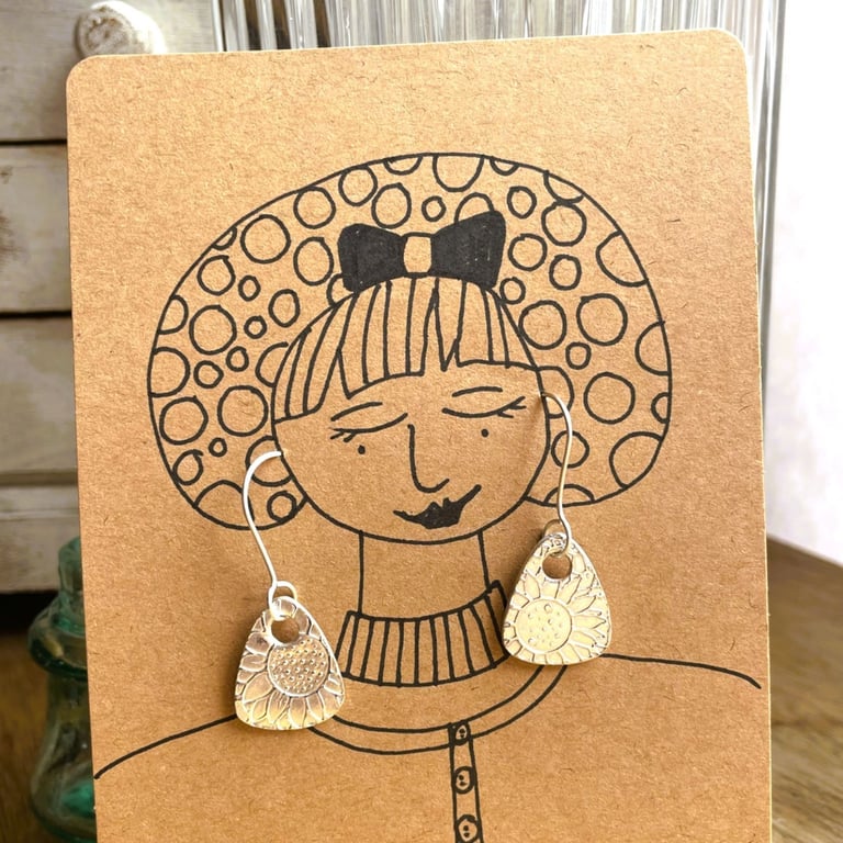 Fine Silver drop earrings with hand drawn gift card