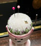 Pin cushion - pink monkey egg cup - embroidered with bee and flowers - Image 4