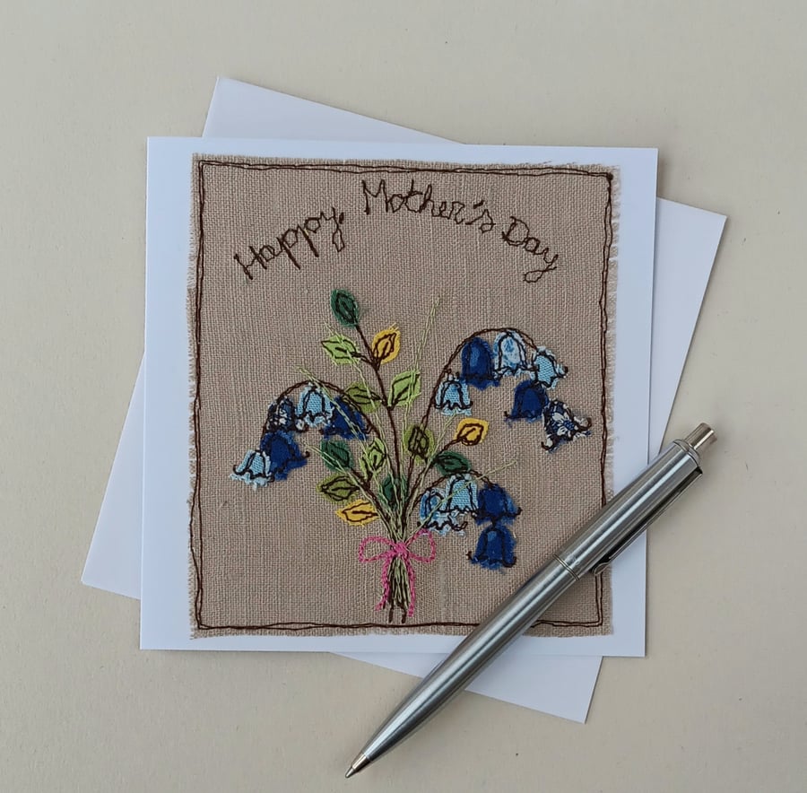 Mother's Day Card with Embroidered Bouquet of Bluebells 