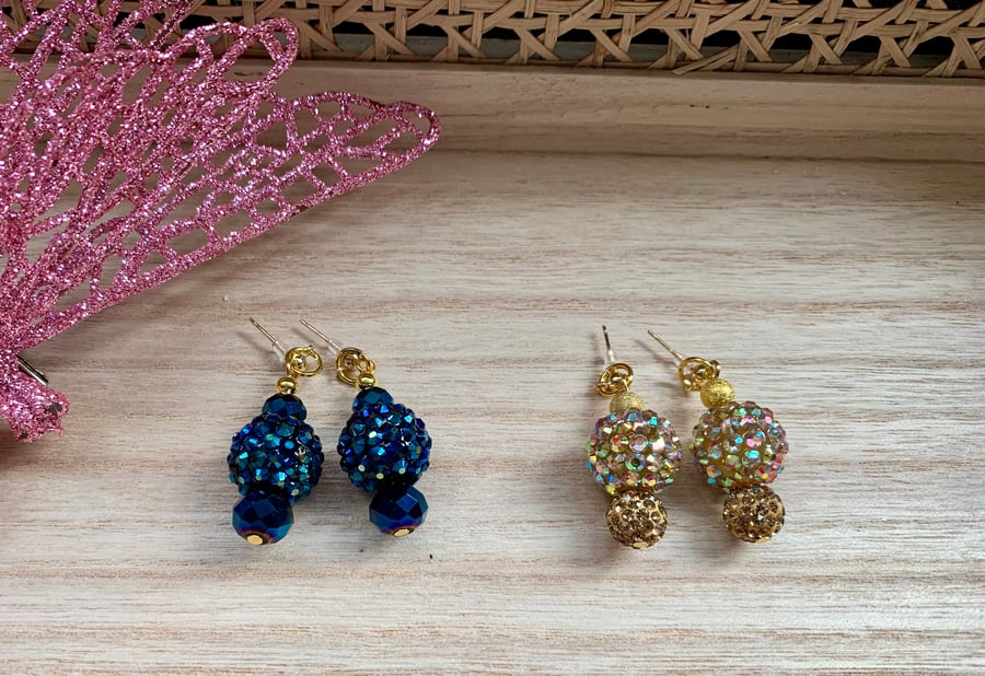 Sparkly Crystal Dangle Earrings Available in Gold & Blue