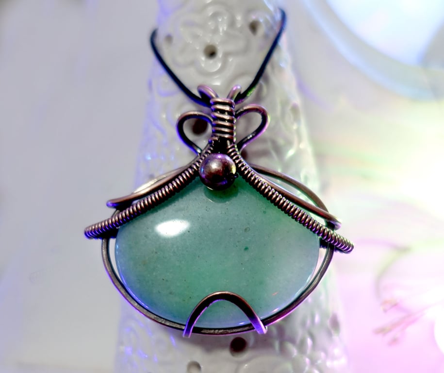 Aventurine Copper Wire Wrap Pendant with faux leather cord