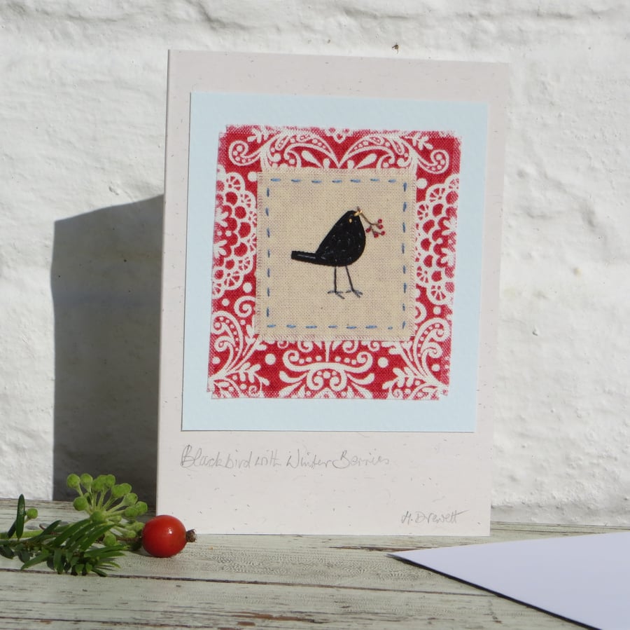 Blackbird with Winter Berries hand-stitched card for any winter occasion!