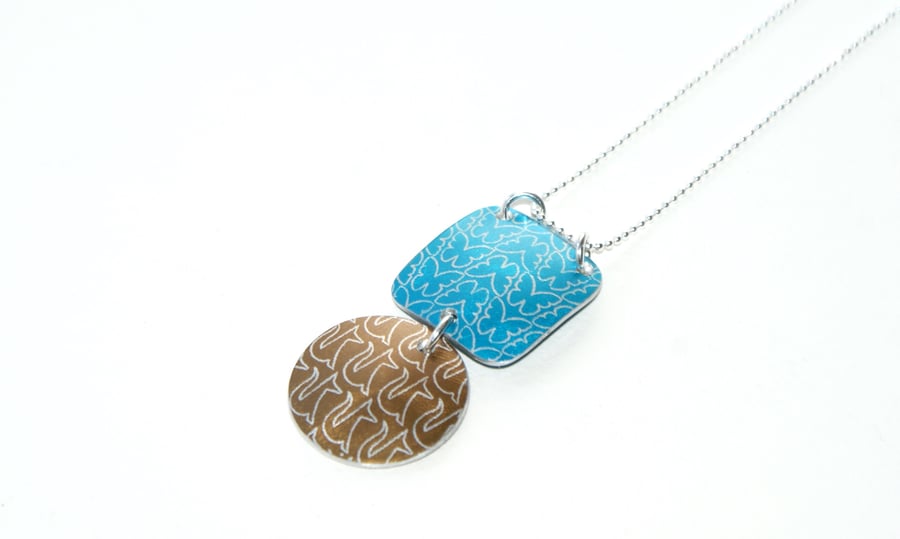 Turquoise and bronze patterned necklace - butterfly and fox