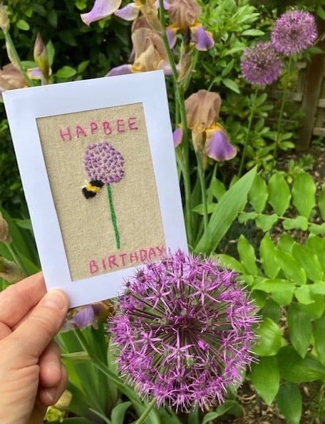 Bee and allium birthday card.