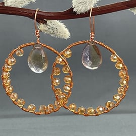 Large Ametrine & Golden Quartz Copper Wire Wrap Hoop Earrings