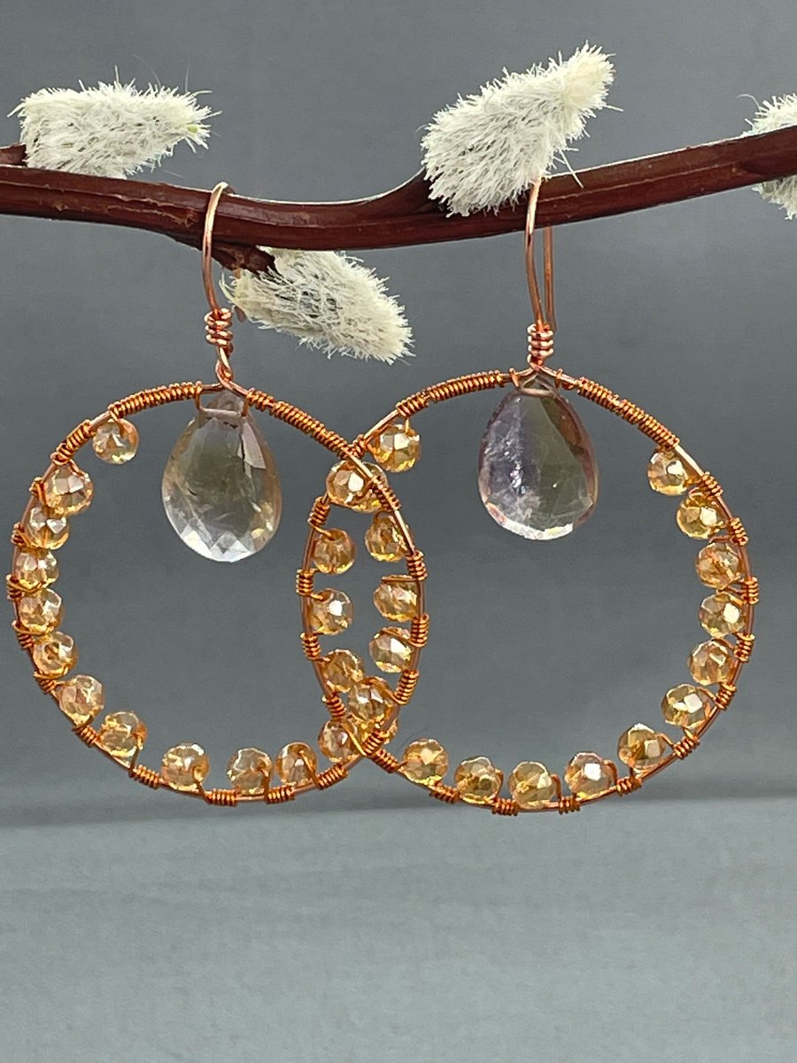 Large Ametrine & Golden Quartz Copper Wire Wrap Hoop Earrings