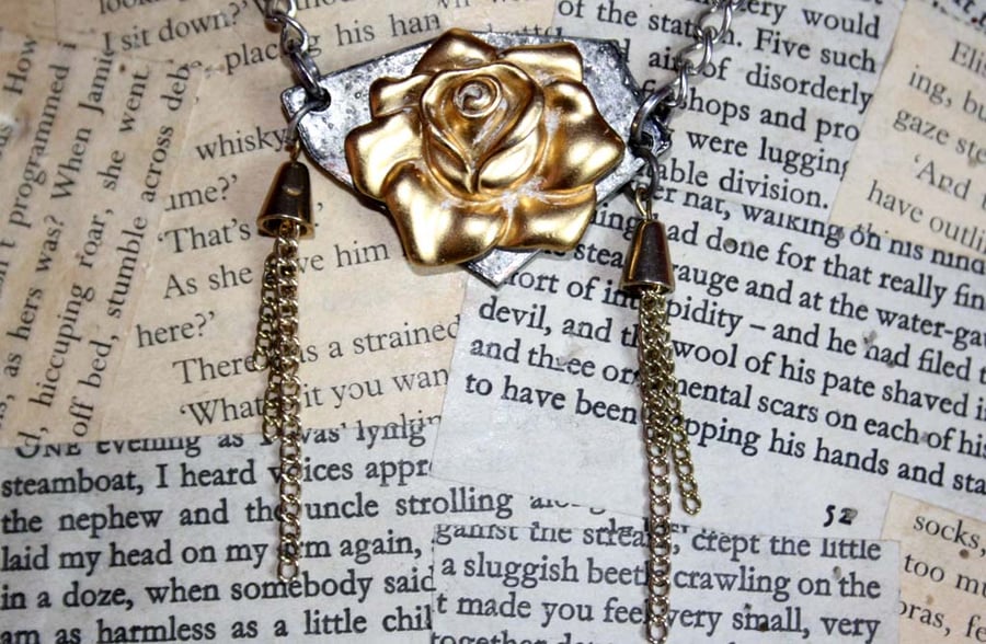 Gold Rose Pendant Tassel Silver Necklace