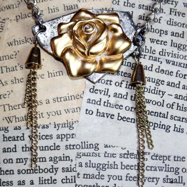 Gold Rose Pendant Tassel Silver Necklace