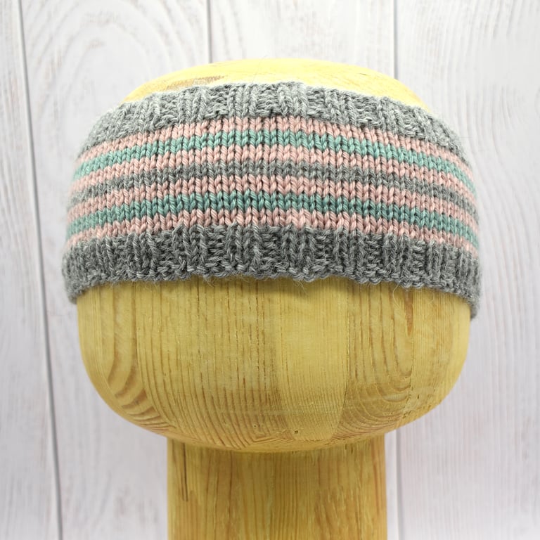 Hand Knitted Adult Headband Grey Pink and Teal Cashmere Merino Small Adult