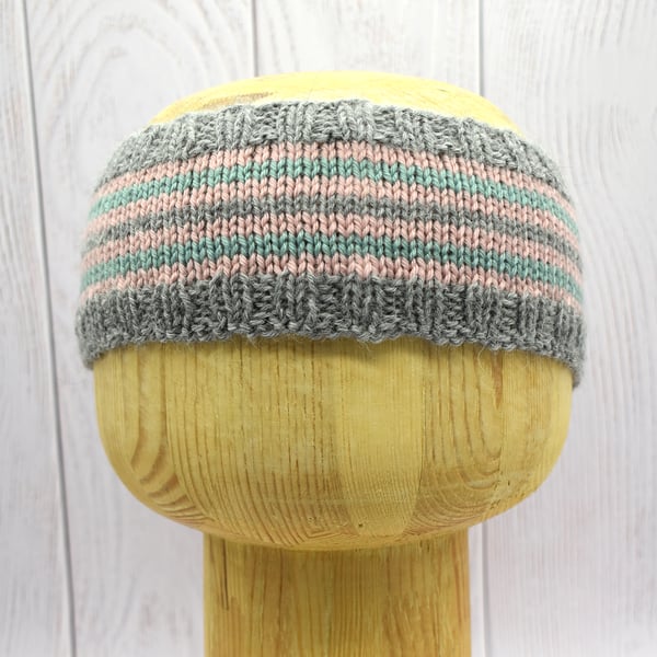 Hand Knitted Adult Headband Grey Pink and Teal Cashmere Merino Small Adult