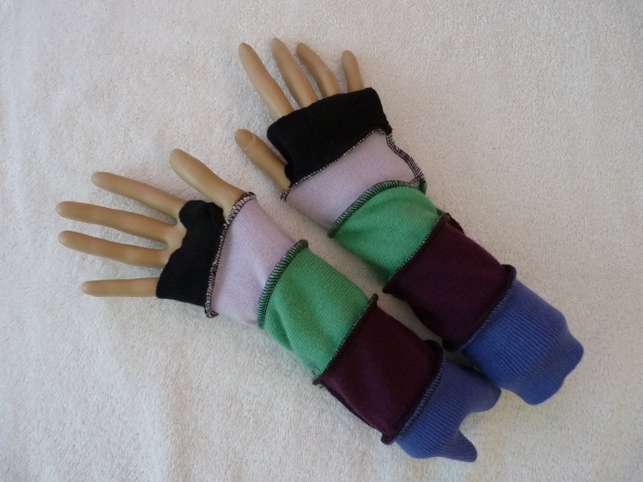 Fingerless Gloves Arm-warmers created from Up-cycled Sweaters. Green.Purple.