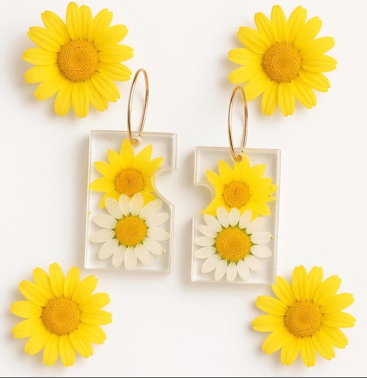 White & Yellow Daisy Resin Dangle Earrings with Rhinestones