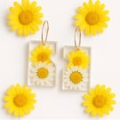 White & Yellow Daisy Resin Dangle Earrings with Rhinestones