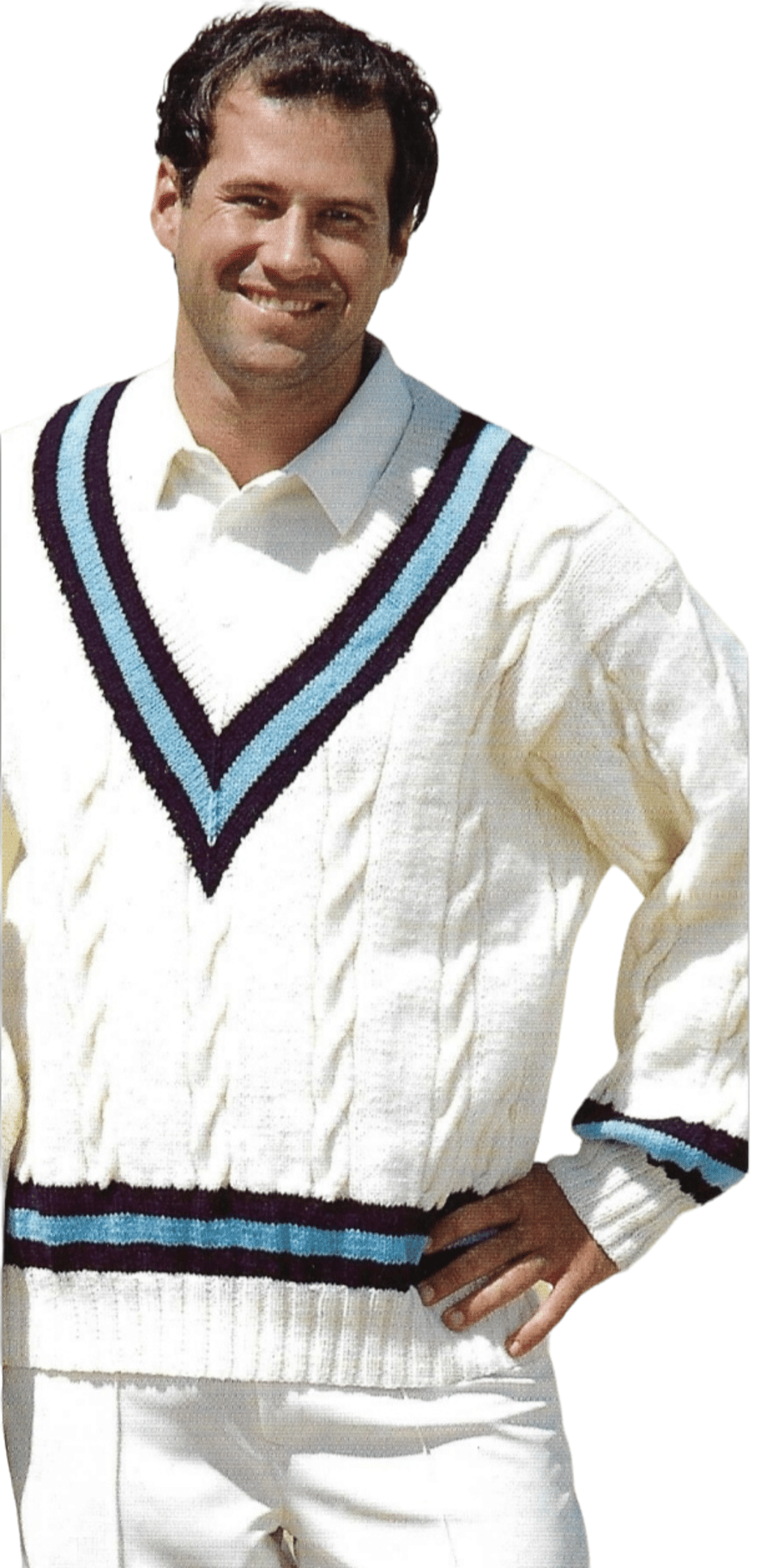 Hand knit Aran weight cream cricket sweater with traditional blue & navy detail