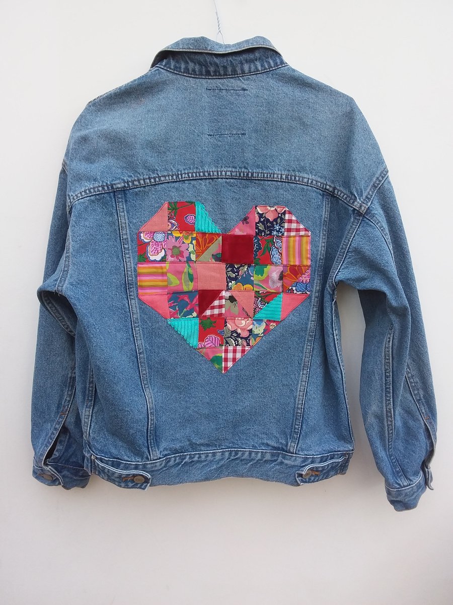 Upcycled denim jacket - patchwork heart (medium)