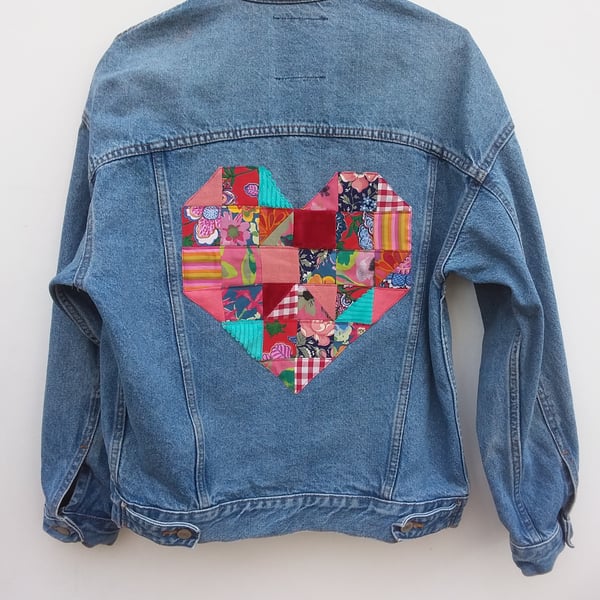 Upcycled denim jacket - patchwork heart (medium)