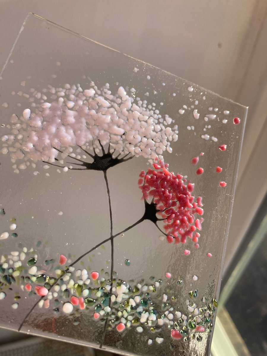 Small Whimsical Twin Pretty Pink Flowers fused glass Art Picture With Oak Stand