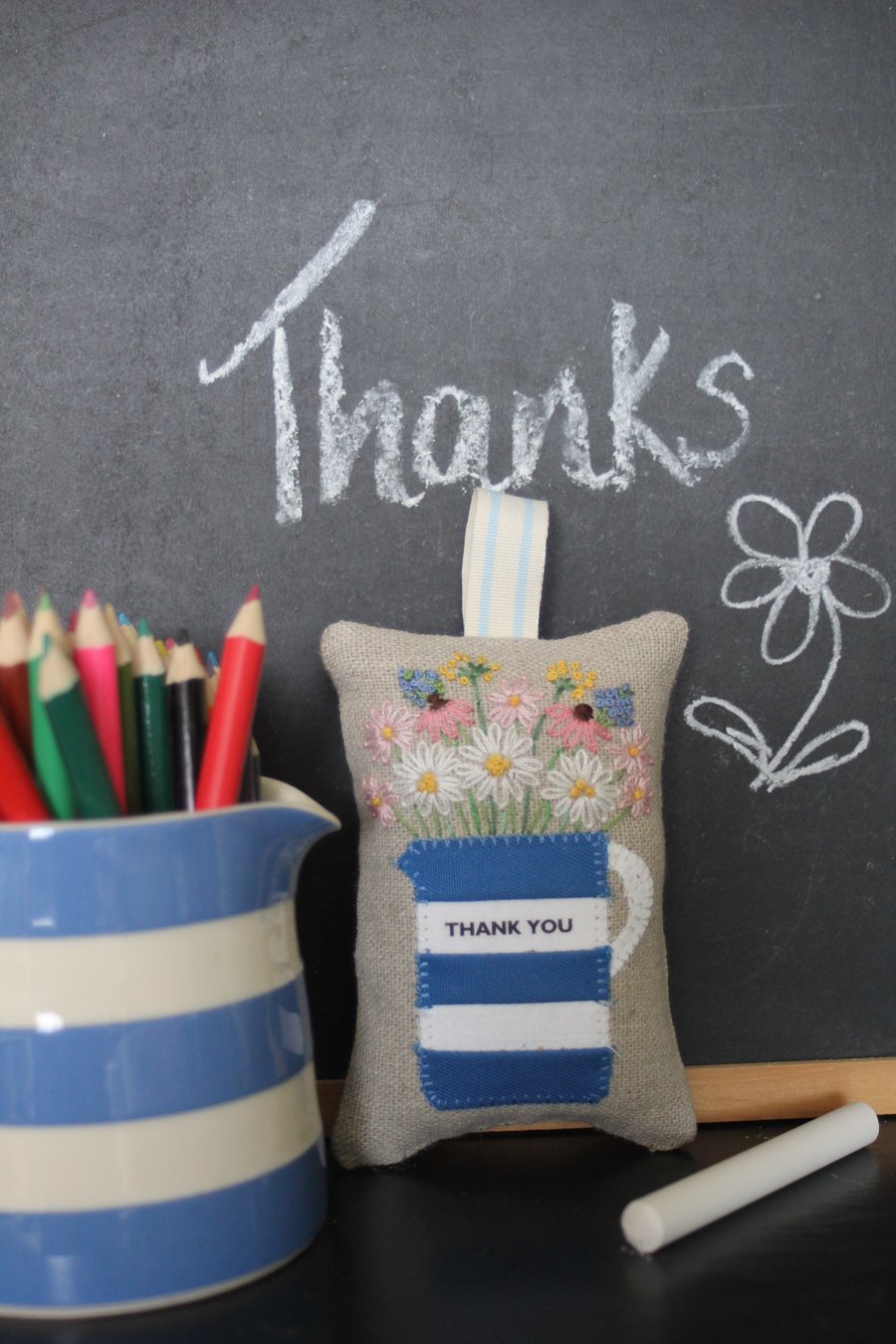 Blue stripy 'Thank You' hand-embroidered lavender bag