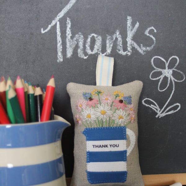 Blue stripy 'Thank You' hand-embroidered lavender bag