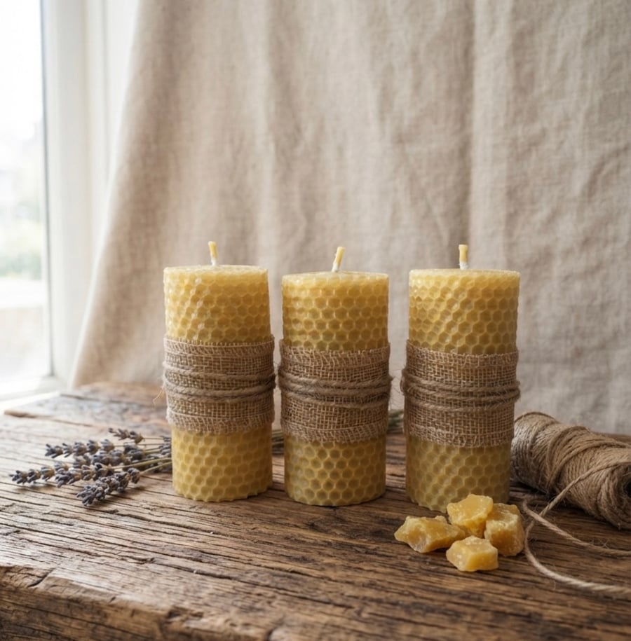 Set of 2 Chunky Beeswax Pillar Candle 10 cm Pure Natural Handmade Candle