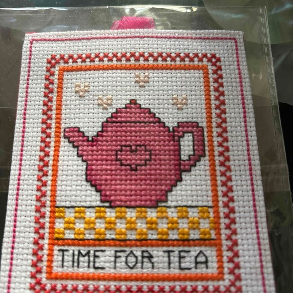 Cross stitched time for tea hanging decoration