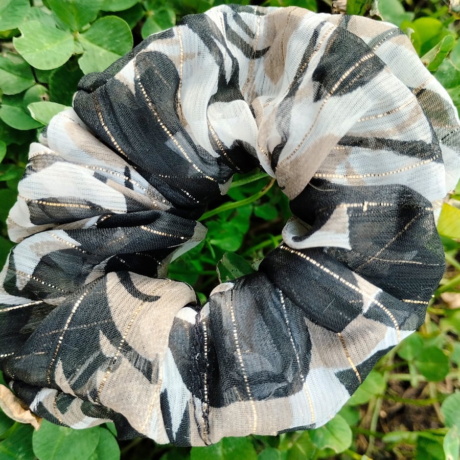 SECOND Upcycled grey and black and beige scrunchie with gold stripes