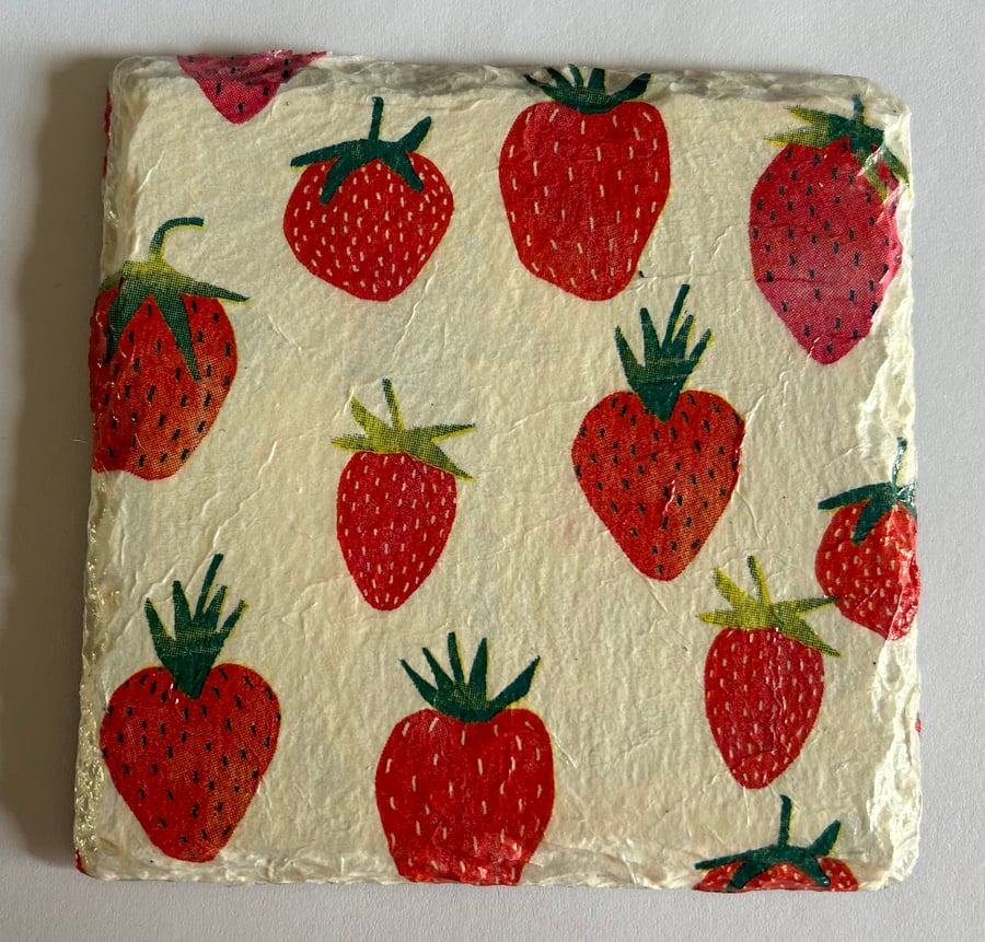 Set of 4 Handmade Decoupage Slate Coasters - Square Strawberries
