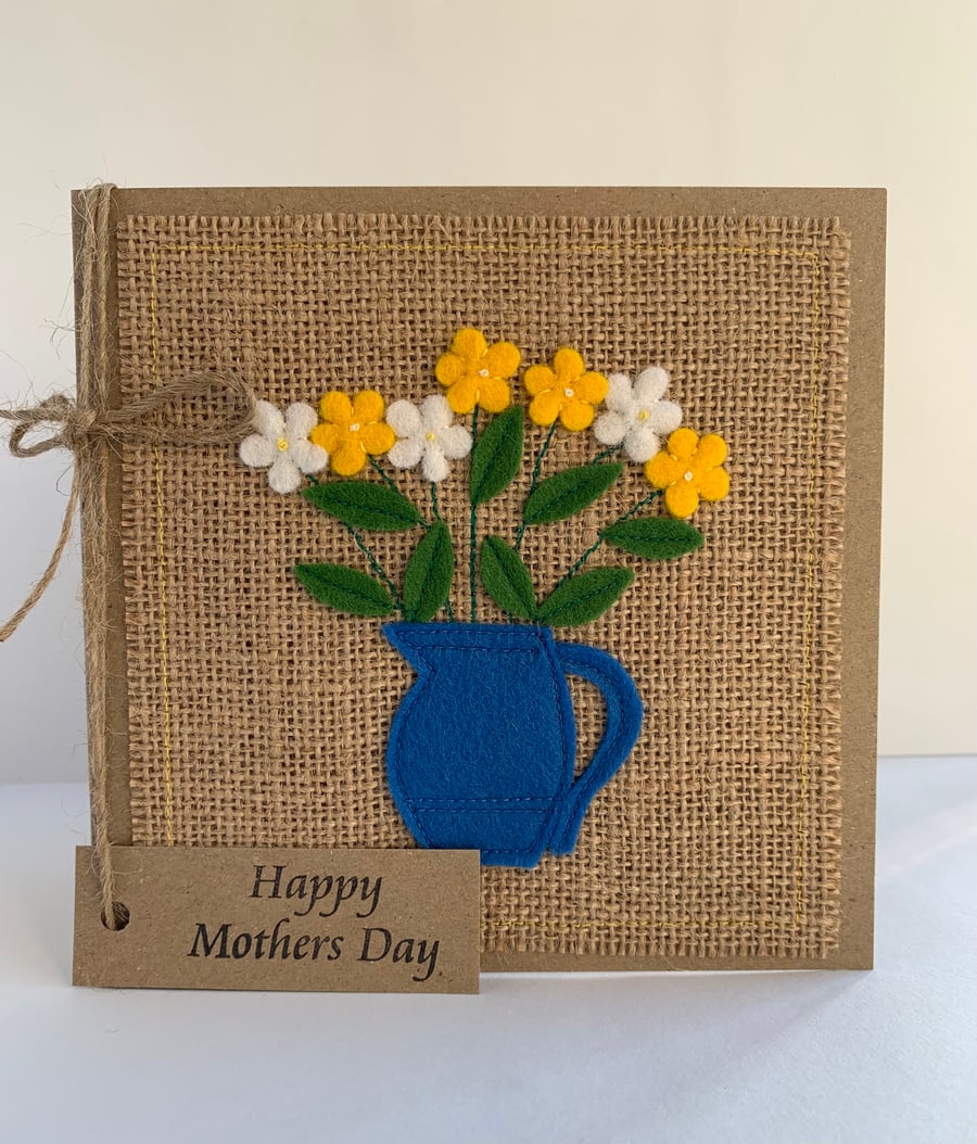 Handmade Mother’s Day Card. Yellow and white flowers from wool felt. Keepsake.