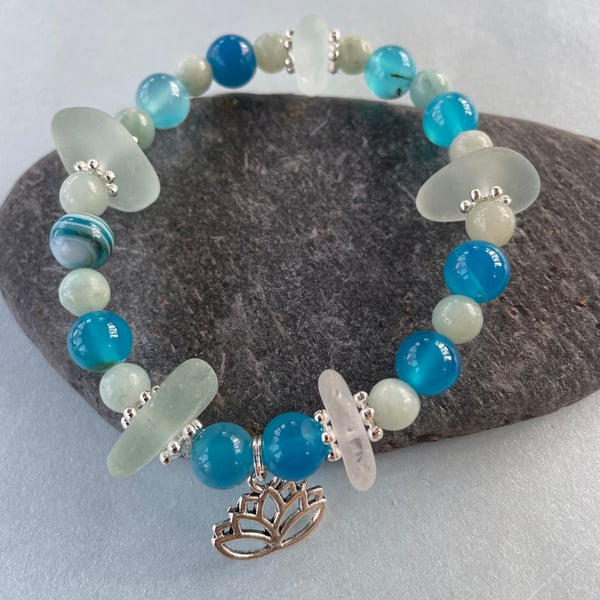 Sea glass and blue striped agate beaded bracelet. 