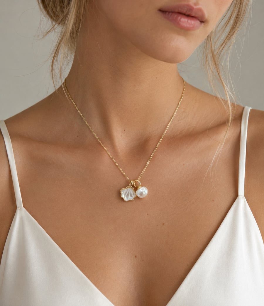 Freshwater Pearl and Shell Pendant Necklace in Gold Plated