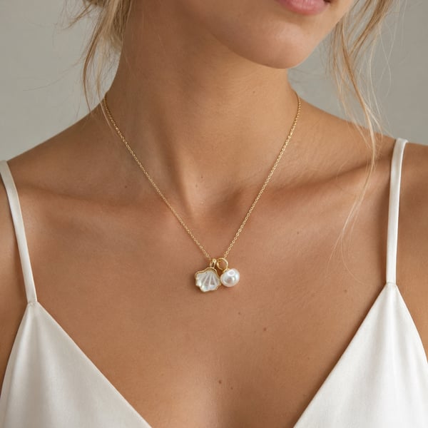 Freshwater Pearl and Shell Pendant Necklace in Gold Plated