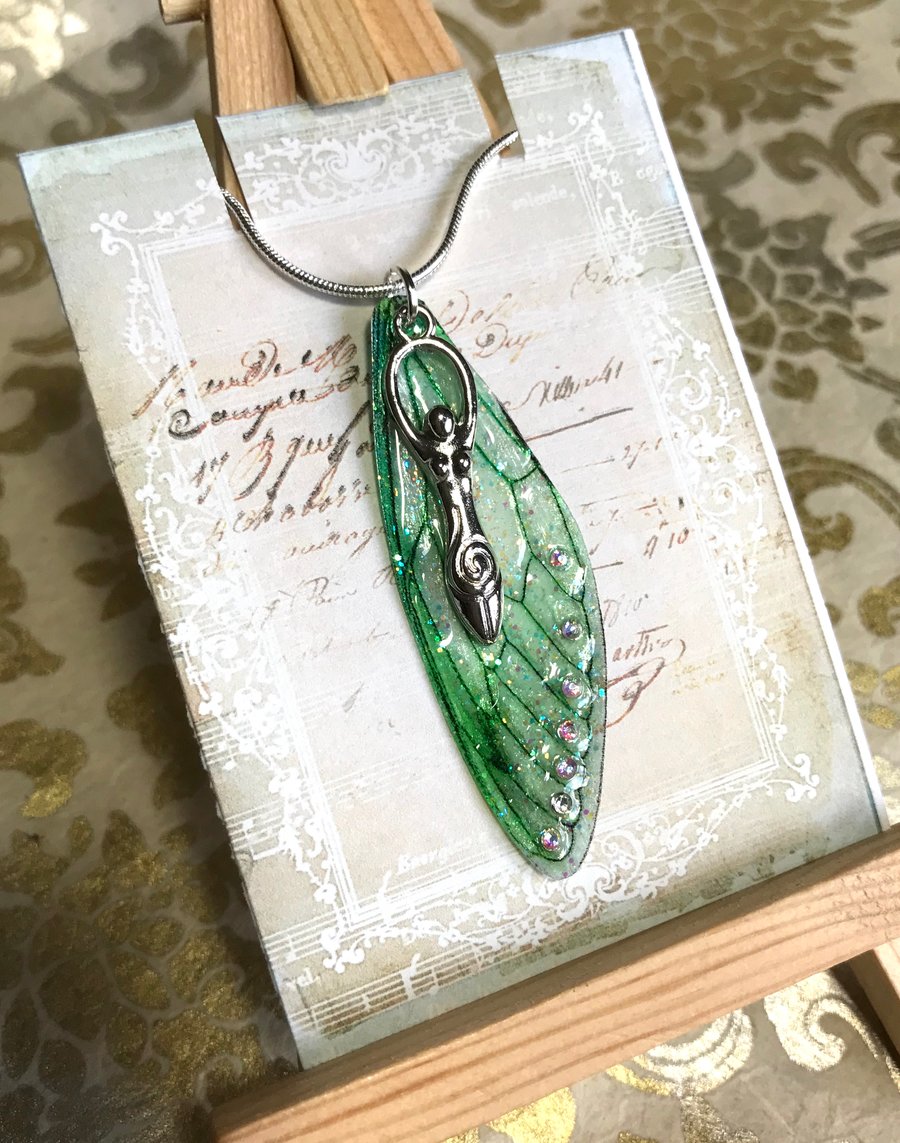 Green Aurora Borealis Goddess Fairy Wing Sterling Silver Necklace