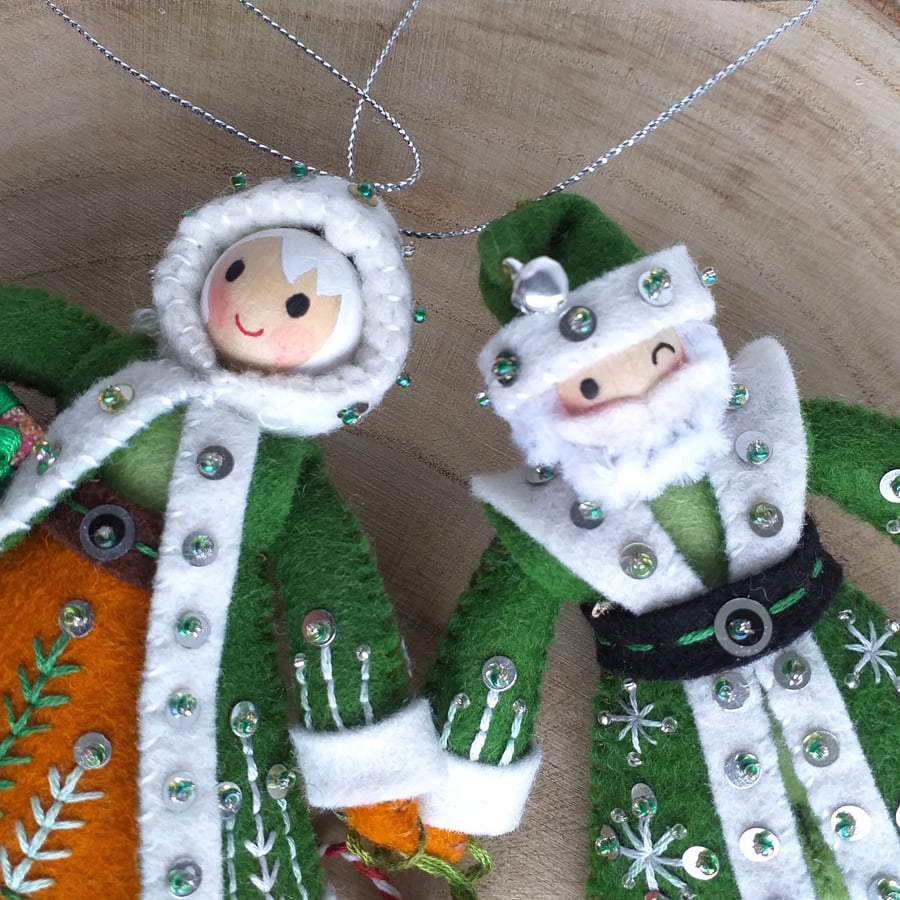 mmmcrafts Green Santa Claus, Mrs Claus Ornament, Woodland Christmas Decoration