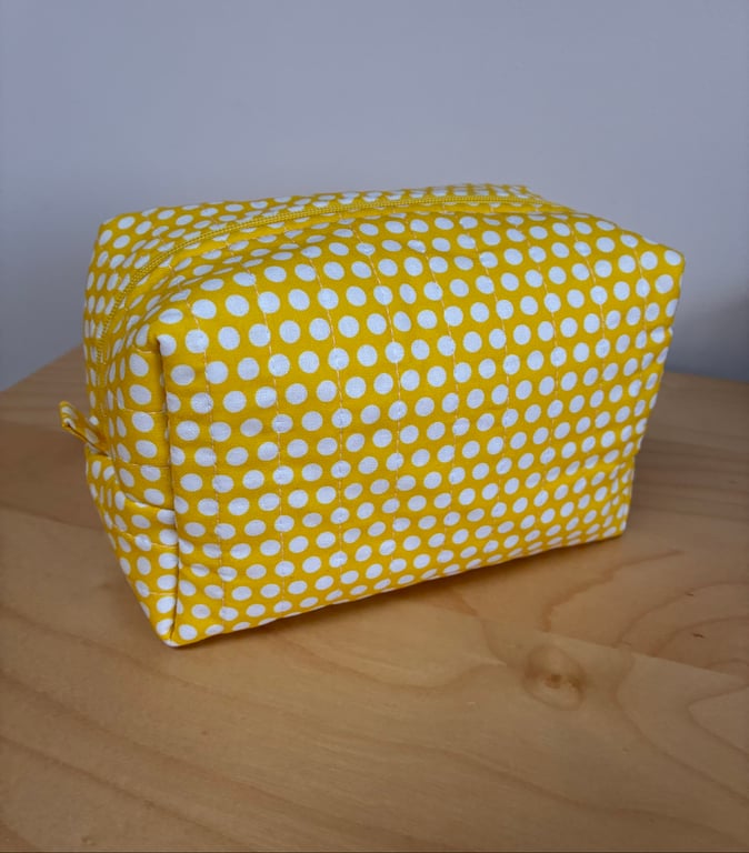 Yellow and White Spot Fabric Quilted Makeup Bag