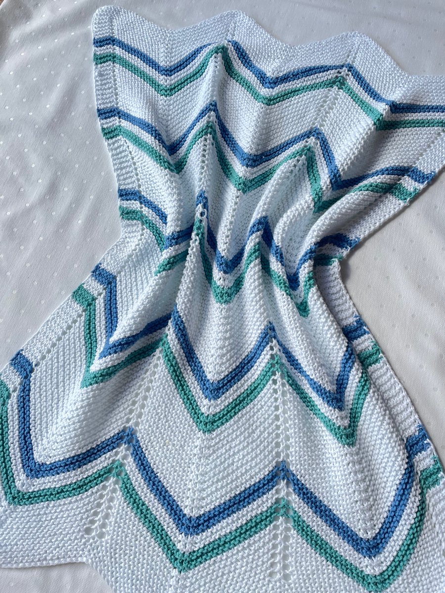 Blue and green waves, hand knitted baby blanket.
