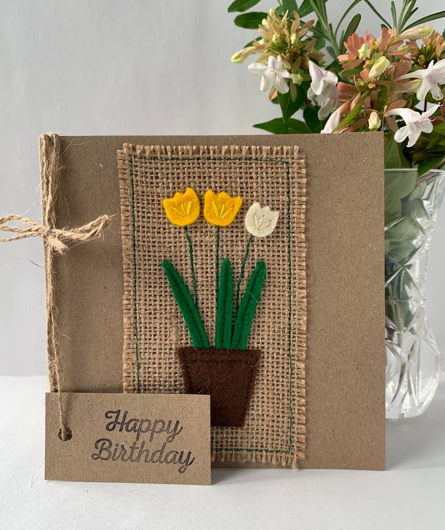 Handmade Birthday Card. Yellow and cream flowers from wool felt. 