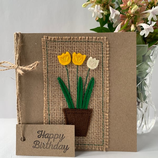 Handmade Birthday Card. Yellow and cream flowers from wool felt. 