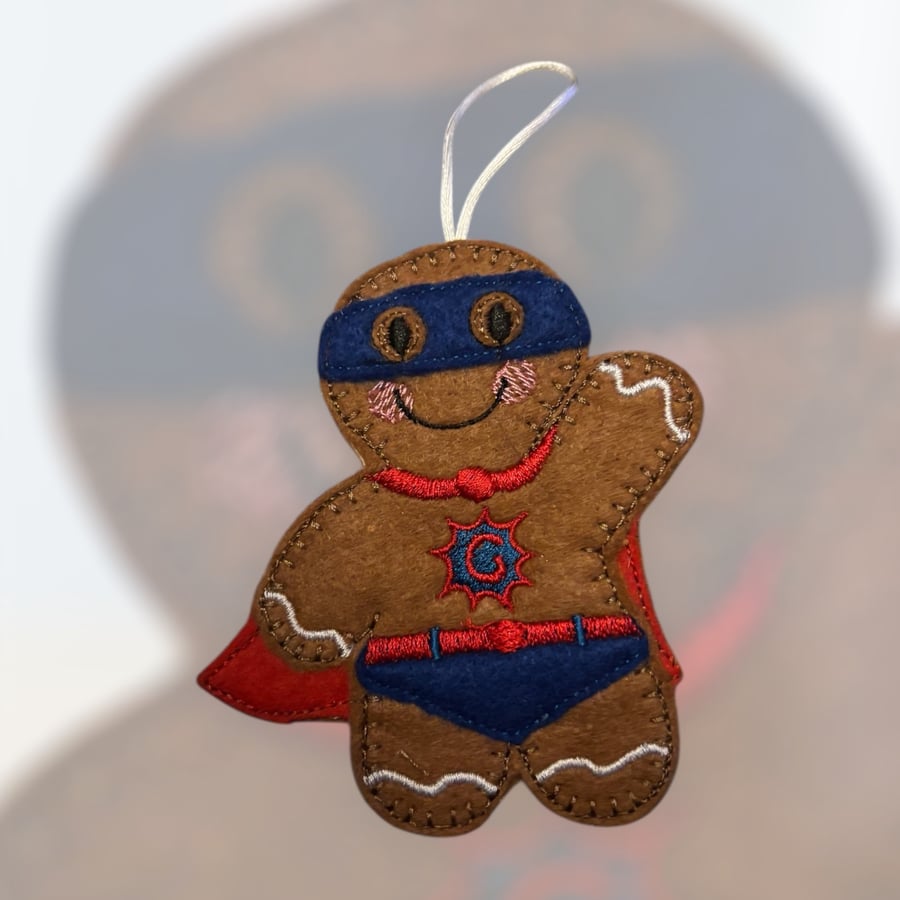Super hero gingerbread man Embroidered Hanging Keepsake 