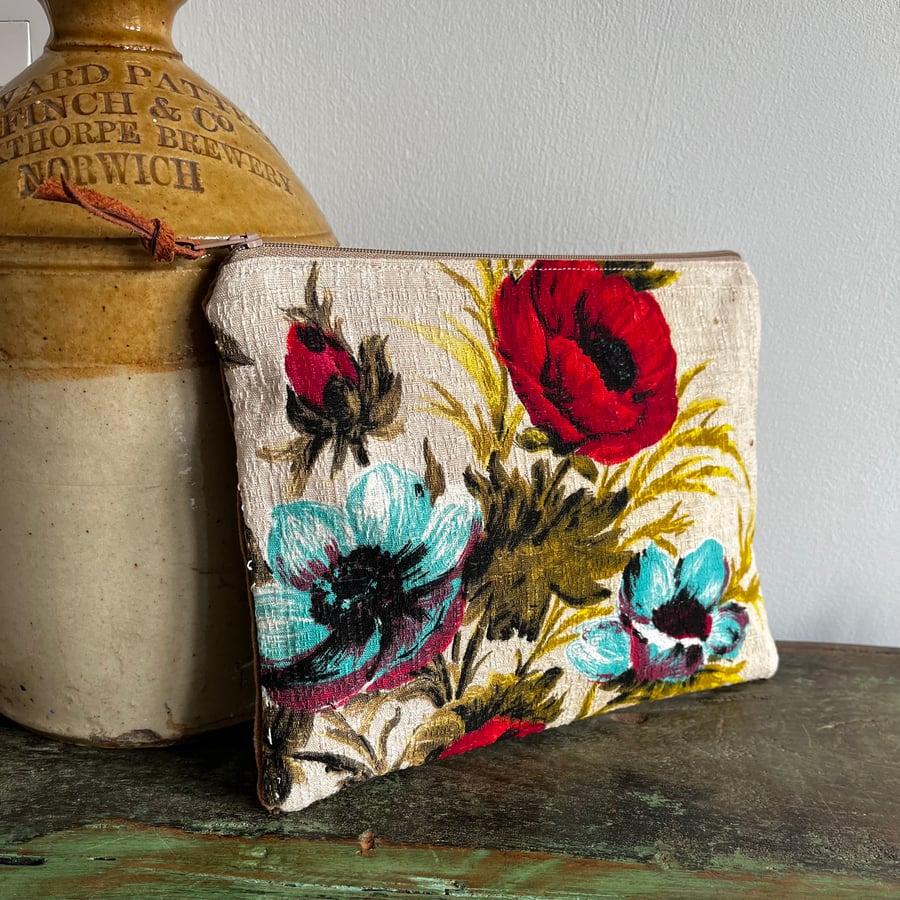 Vintage reclaimed anemone barkcloth and corduroy zip pouch