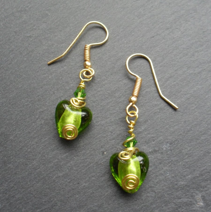 Green Heart Glass Gold Plated Earrings