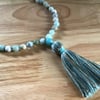Amazonite smooth frosted hand knotted long silk tassel necklace