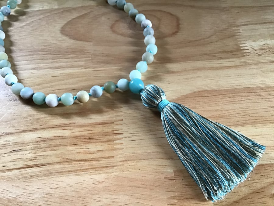 Amazonite smooth frosted hand knotted long silk tassel necklace