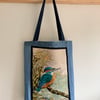 Kingfisher rescued tapestry and reclaimed denim tote bag