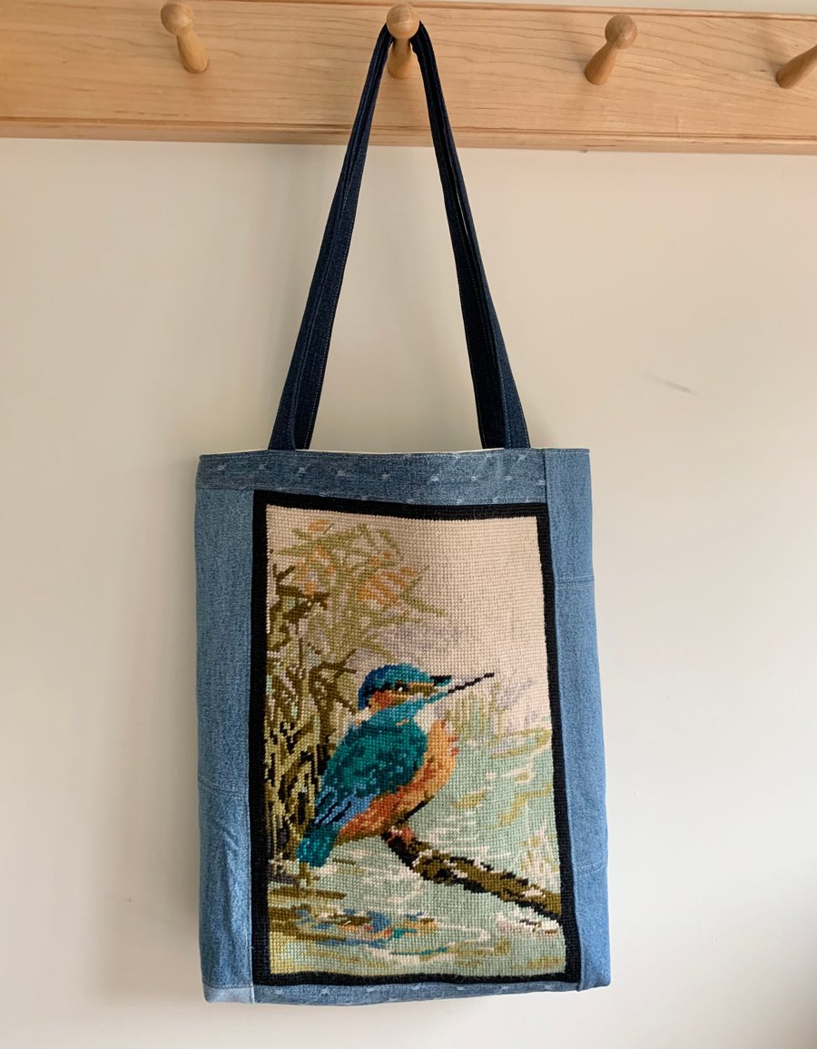 Kingfisher rescued tapestry and reclaimed denim tote bag