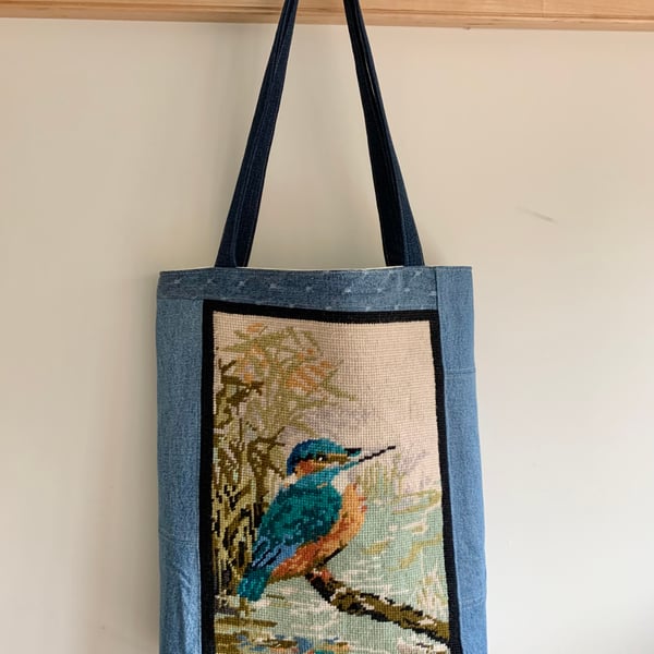 Kingfisher rescued tapestry and reclaimed denim tote bag
