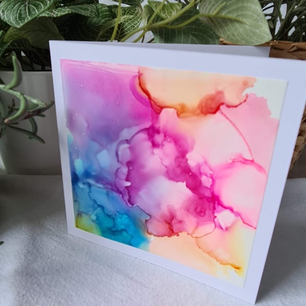 Original alcohol ink abstract art blue pink yellow handpainted card